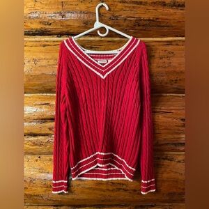 St. John's Bay Red V-Neck Cable Knit Sweater with White Trim